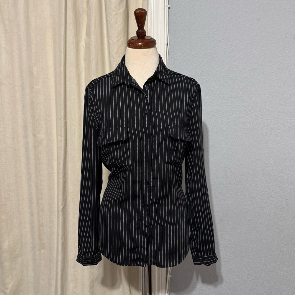 LARA Fashion Women Y2K Black & White Pinstripe Buttondown Long Sleeve Shirt Sz L